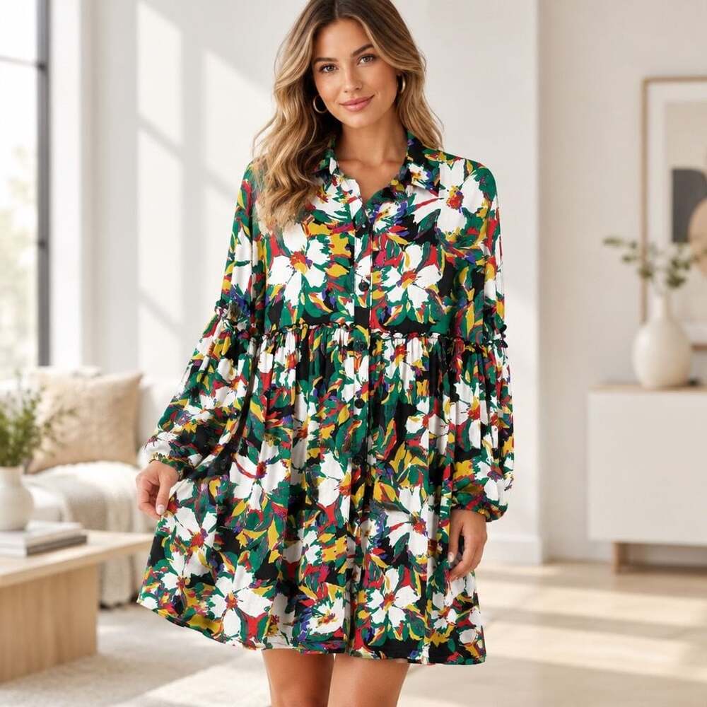Zadie B's Floral Babydoll Shirt Dress Size M Multi Long Sleeve